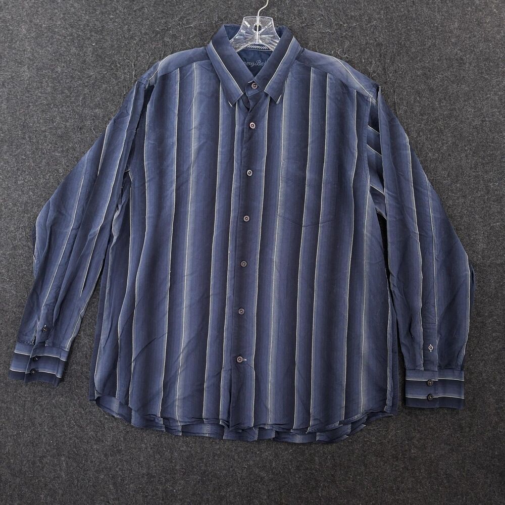 Tommy Bahama Shirt Men's Large Blue Striped 100% Silk Pocket Beach Summer